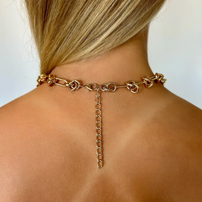 Colar Elos com Nó Aço Titânio Dourado Ajustável 40cm