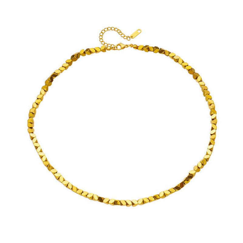 Colar Pedras Geométricas Dourado Aço Titânio Ajustável 40cm